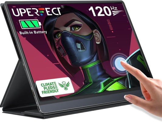 UPERFECT Portable Monitor Battery Touchscreen 120HZ | 15.6” 1ms Gaming Monitor | Built-in 10800mAh Battery Powered |FHD FreeSync| Type-C & HDMI | Travel Screen for Laptop, Computer, Game Consoles