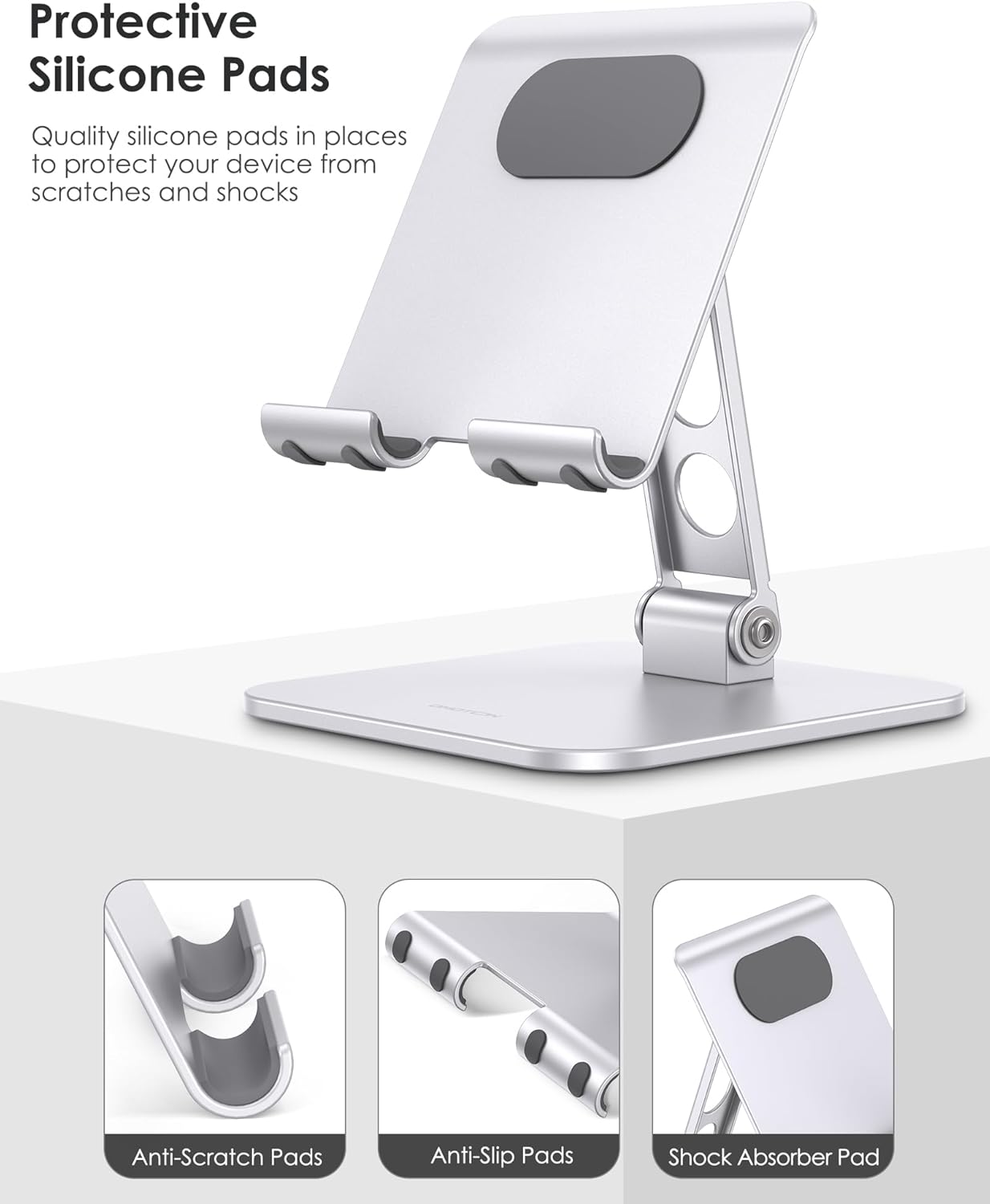 OMOTON Upgraded Adjustable Tablet Stand Holder, Heavy Duty Foldable Portable Monitor Stand, Travel Essentials for iPad Pro/Air/Mini, Surface Pro, Portable Monitor 4.7''-15.6', Silver