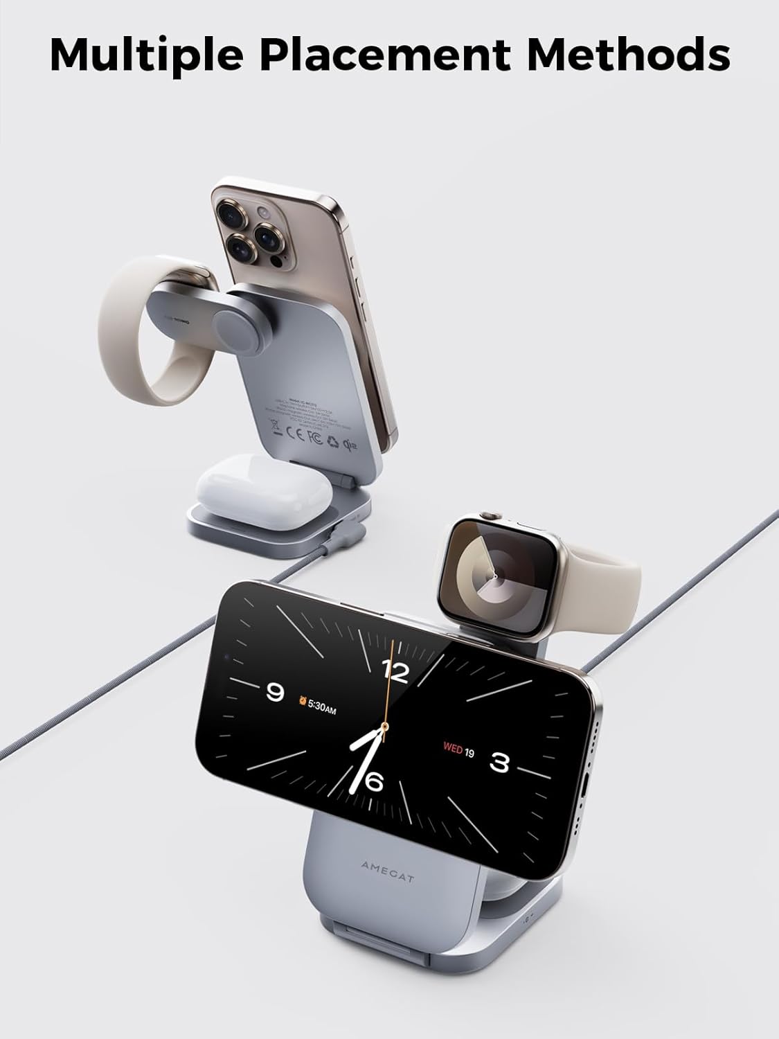 MagFusion Z 3-in-1 Charging Station Compatible with MagSafe, Qi2 Certified 15W Wireless Foldable Charger, for iPhone 16/15/14/13/12, AirPods 4/3/2/Pro, Apple Watch Charger, Silver