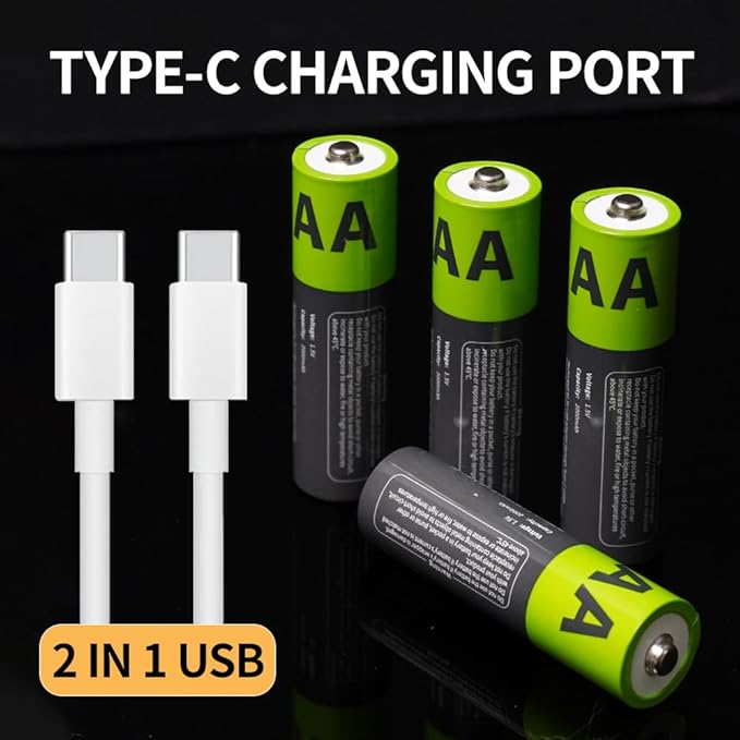 2000mAh USB-C Rechargeable AA Batteries, 1200 Cycles Life, Fast Charging with Type-C Cable, for Gaming Controllers, Mouse, Keyboard & Home Electronics, Black Green (8)