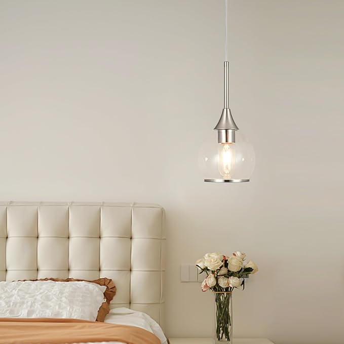 1-Piece Island Light for Kitchen, 1-Light Brushed Nickel Kitchen Island Hanging Pendant Light, Brushed Nickel Dining Room Light Fixture Over Table with Clear Round Glass Shade