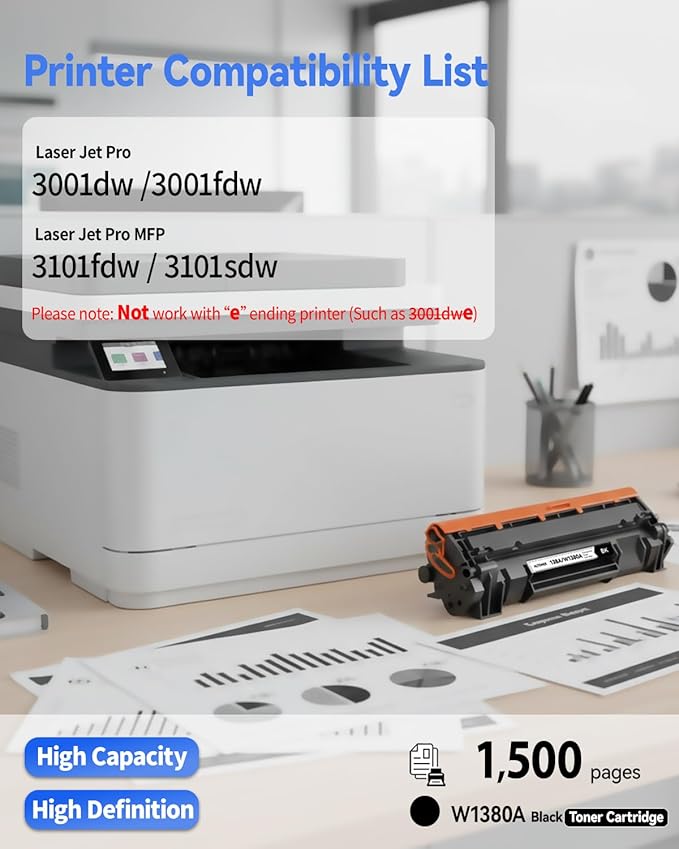 138A Toner Cartridge 2-Pack W1380A Black (with Latest Chip) – High-Capacity Replacement Compatible for HP Laser Jet Pro 3001dw 3001fdw MFP 3101fdw 3101sdw 3,000 Page Yield | 138A Monochrome