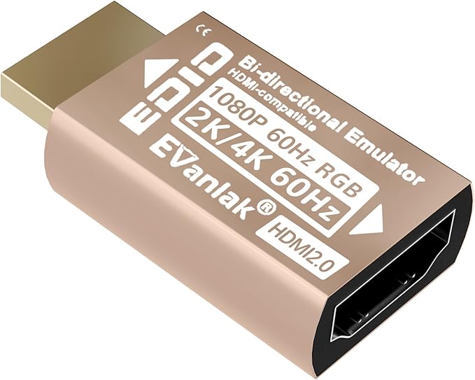 EVanlak HDMI EDID Emulator Adapter Dummy Plug, Virtual Display Headless Ghost HDMI Passthrough 1080P@60Hz to 4K@60Hz, Bi-Directional, Gold -1P