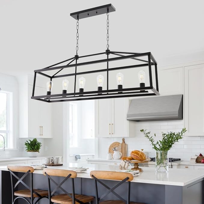BONLICHT Modern Rectangle Chandelier 6 Light Black Industrial Vintage Kitchen Island Lighting Fixture Hanging Pendant Lamp Farmhouse Metal Cage Ceiling Light Fixtures for Living Room Dining Room Foyer
