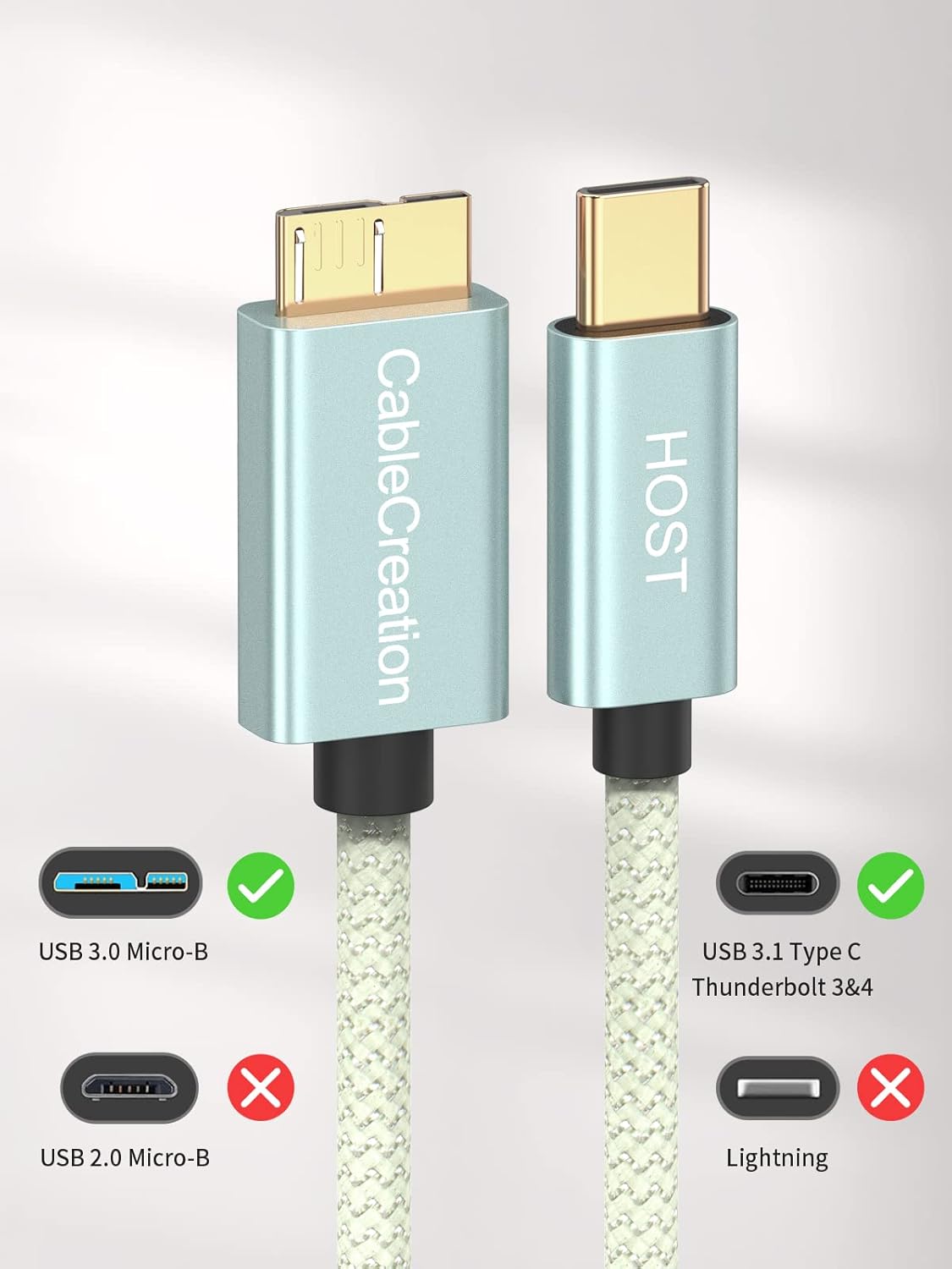 CableCreation 1FT USB C to Micro B Cable,10Gbps Speed External Hard Drive Braided,USB 3.1 Type C to Micro B Work for iPhone 15 Series,Seagate WD Westgate My Passport,MacBook Pro/Air, iPad/Tablet,Green