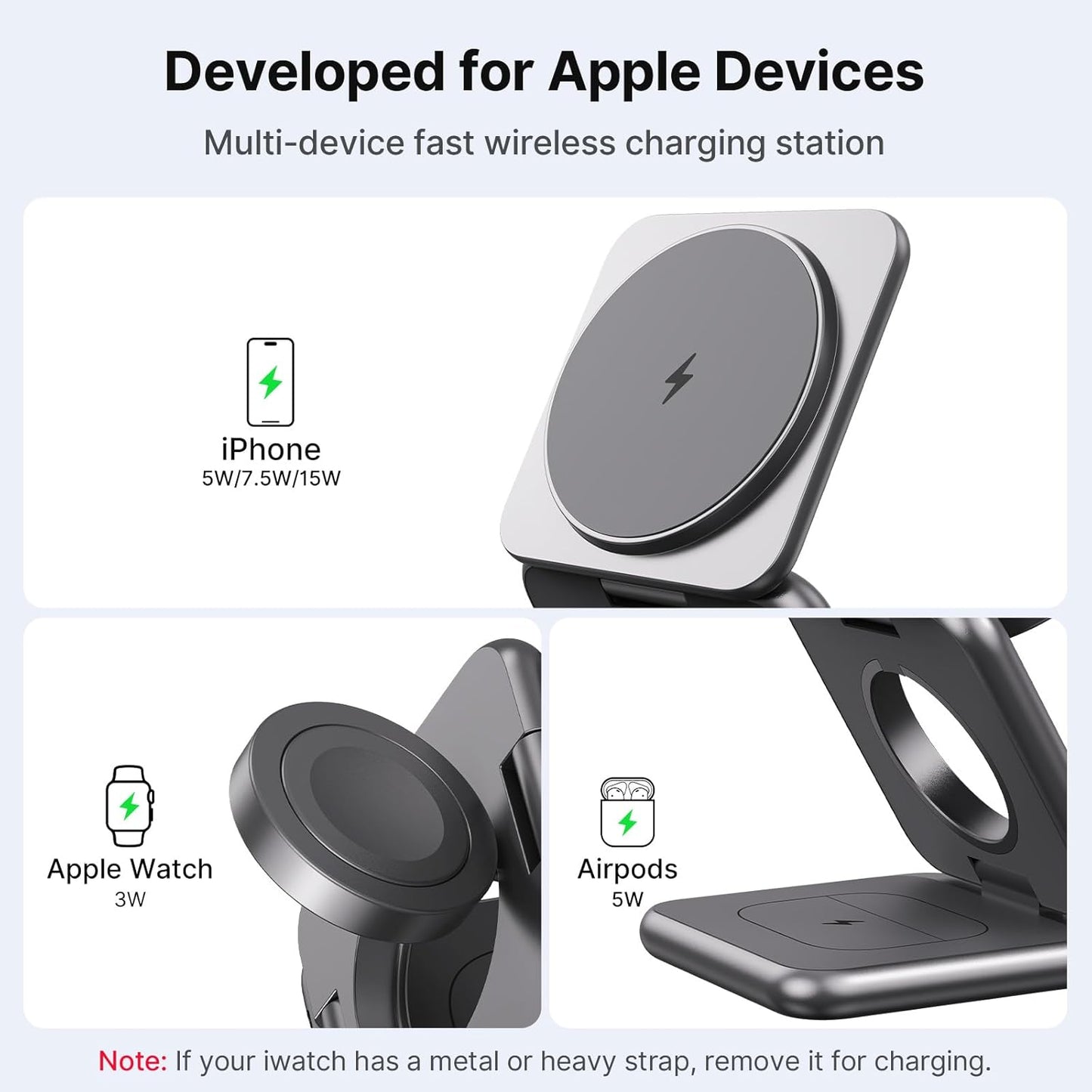 3 in 1 Charging Station for Apple Multiple Devices, Zinc Alloy Foldable Travel Wireless Charging pad for Mag-Safe Wireless Charger Stand for iPhone 16 15 14 13 12 Apple Watch Airpods