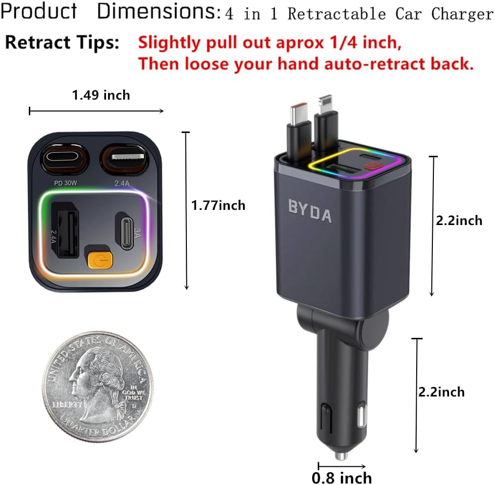 4 in 1 Retractable Car Charger for iPhone,69W USB-C Fast Car Charger,Cigarette Lighter Adapter,Fast Charging for iPhone 16/15/14/13/12/11 Pro Max,Galaxy,iPad,Pixel (USB-C&Light-ning) Alloy Black