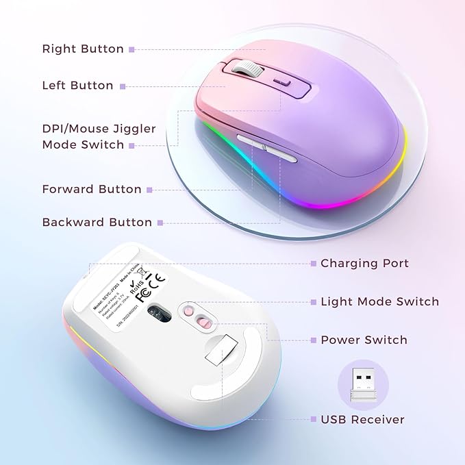 PEIOUS Wireless Mouse Jiggler - LED Wireless Mice with Build-in Mouse Mover, Rechargeable Moving Mouse for Laptop with Undetectable Random Movement Keeps Computers Awake - Purple to Pink