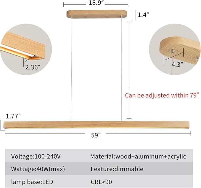 59" Natural Wood LED Linear Pendant Light Fixture 40W Led Dining Room Light Dimmable Hanging Light Fixture for Dining Room Kitchen Island Pool Table Lights Natural Wood Color