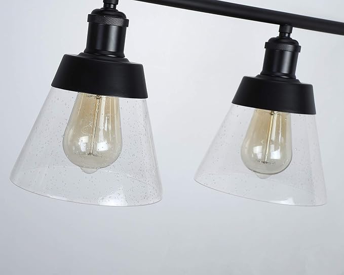 Fivess Lighting 3-Light Farmhouse Black Kitchen Island Lighting, Clear Seeded Glass Linear Chandelier, Adjustable Rods Industrial Rustic Pendant Light Fixture for Kitchen Island Dining Room