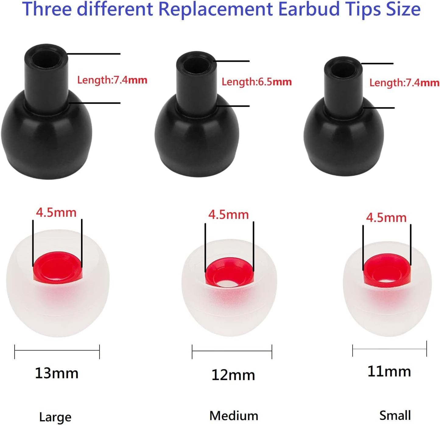 Silicone Earbud Tips - Soft & Comfortable Earphone Cushions, 18 Pairs (S/M/L) - White & Red, Fits 3.8mm-5.5mm Inner Hole, Compatible with Most in-Ear Headphones