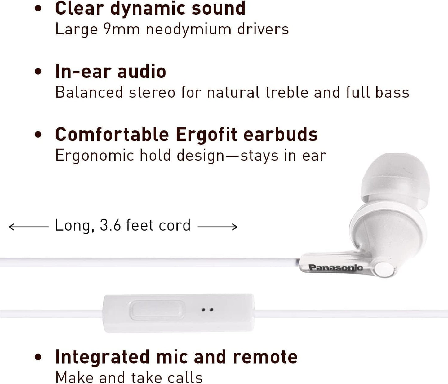 Panasonic ErgoFit Wired Earbuds With Microphone, 3.5mm Jack Wired Headphones with Mic and Call Controller, Ergonomic Custom-Fit Earpieces (S/M/L), for Phones and Laptops - RP-TCM125-W (White)