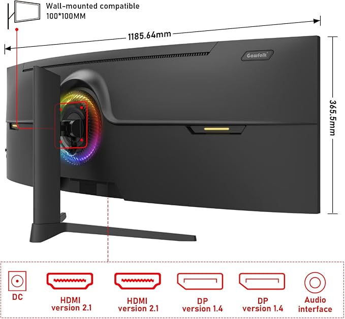 Gawfolk 49 inch Ultra-Wide Curved 1500R Gaming Computer Monitor, DQHD(5120×1440), 165Hz, 1MS, FreeSync, 120% sRGB, Height Adjustable PC Screen, HDMI2.1 & DP1.4, Compatible Wall Mount 100*100mm- Black