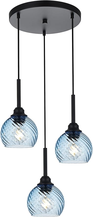 3 Light Pendant Lighting with Striped Swirl Globe Glass Blue Cluster Pendant Light for Kitchen Island, Modern Dining Room Light Fixtures Over Table Hanging Ceiling Light, E26 Base