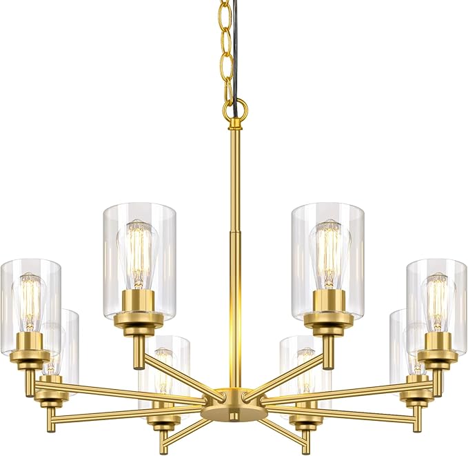 Sucolite 33.5'' 8-Light Chandelier for Dining Room Kitchen Island, Modern Farmhouse Pendant Lighting with Glass Shades Industrial Gold Hanging Ceiling Light Fixture for Living Room, Height Adjustable