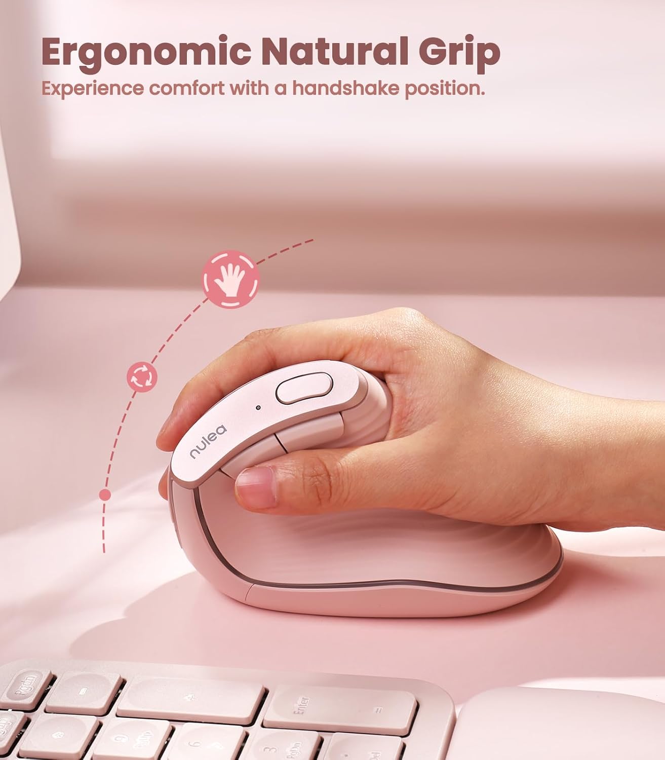 Nulea M510 Vertical Mouse Wireless, Ergonomic Mouse for Comfy Tracking, 3 Adjustable DPI (800-1200-1600), 2.4G Wireless Vertical Mouse with 6 Buttons, Compatible with Windows, Mac OS, Laptop, PC,Pink