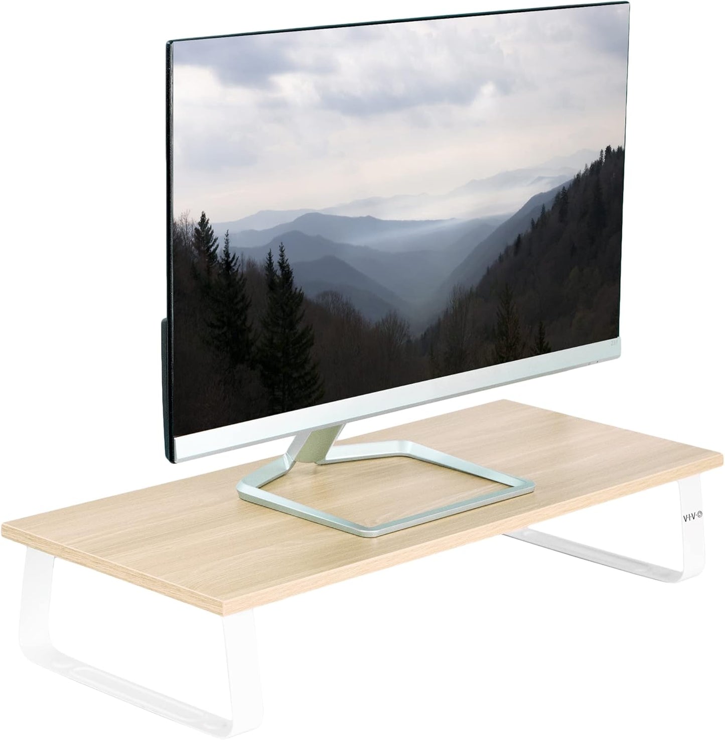 VIVO 24 inch Monitor Stand, Wood and Steel Desktop Riser, Screen, Keyboard, Laptop, Small TV, Ergonomic Desk and Tabletop Organizer, Light Wood, STAND-V000WM