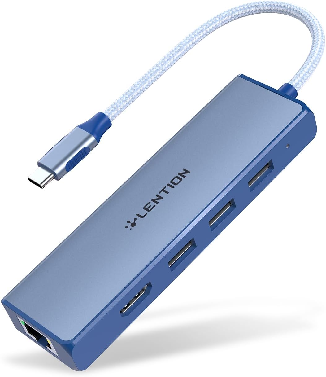 LENTION USB C Hub with Gigabit Ethernet Adapter, 4K HDMI, 3 USB 3.0 for 2023-2016 MacBook Pro 13/14/15/16, New Mac Air & Surface, Chromebook, More, Stable Driver Certified (CB-C25, Blue)