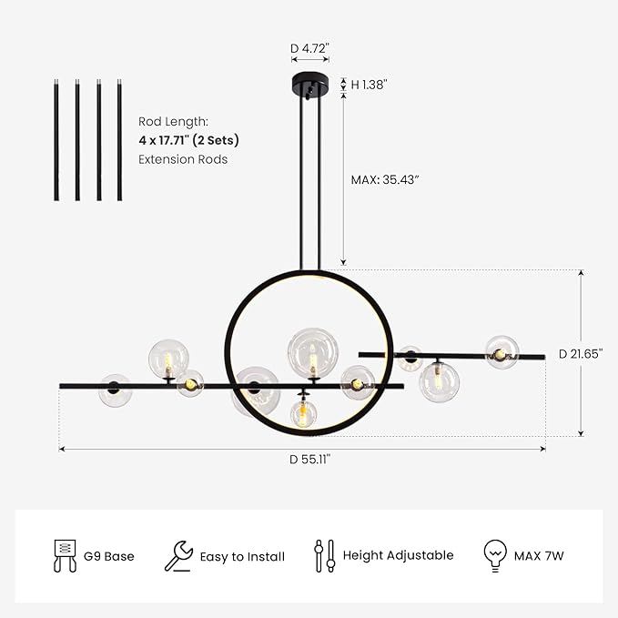 CROSSIO Modern Black LED Pendant Light, 10-Light Kitchen Island Chandelier with Glass Globe Shades, Adjustable Linear Light Fixture for Dining Room and Living Room