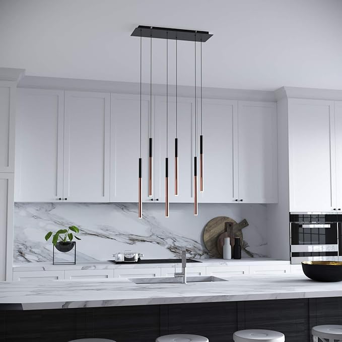 ALTAIR 6 Mini Pendant Lighting Black-Copper - LED Hanging Light Fixture for Kitchen Island, Bar, Foyer - Cluster Pendants - Dimmable, Adjustable Wire, Lamp Bulb Included