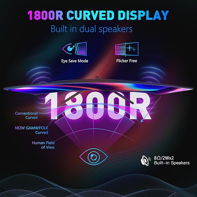 24-inch Curved Gaming Monitor, FHD 180Hz 1ms Computer Monitor, 1800R, AMD FreeSync & G-Sync Compatible, HDMI DP VESA Built-in Speakers