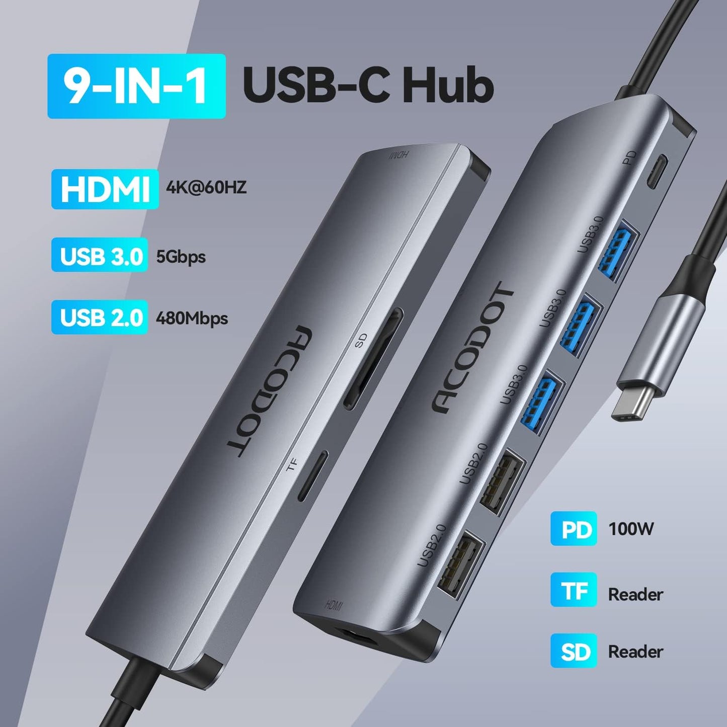 USB C Hub, Acodot 9 in 1 USB C to 4K@60HZ HDMI Multiport Adapter, 3 USB 3.0 Ports, SD/TF Card Reader, 100W PD, Desigend for MacBook Pro Air HP XPS and Other Type C Devices