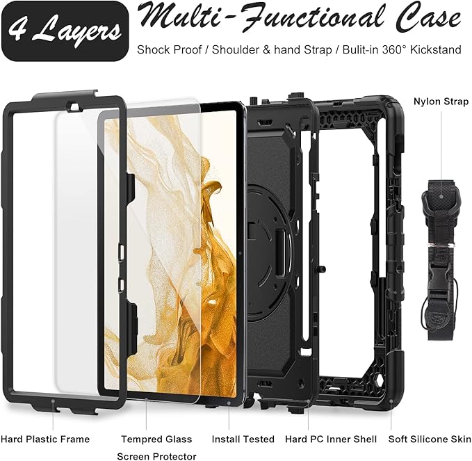 Case for Samsung Galaxy Tab S8/S7 11-inch 5G Tablet Case 2022/2020, [with Tempered Glass Screen Protector],360° Rotating Kickstand/Hand & Shoulder Strap/S Pen Holder (Black)