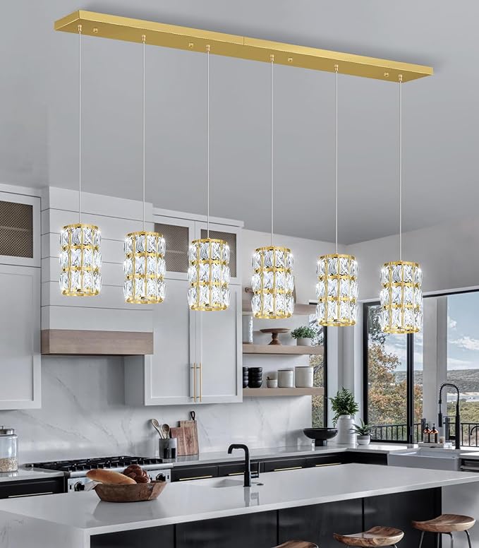 6-Lights Rectangle Modern Crystal Pendant Lights for Kitchen Island LED Dimmable Glam Pendant Lighting Chandelier for Dining Room Hallway Corner Lamp Gold