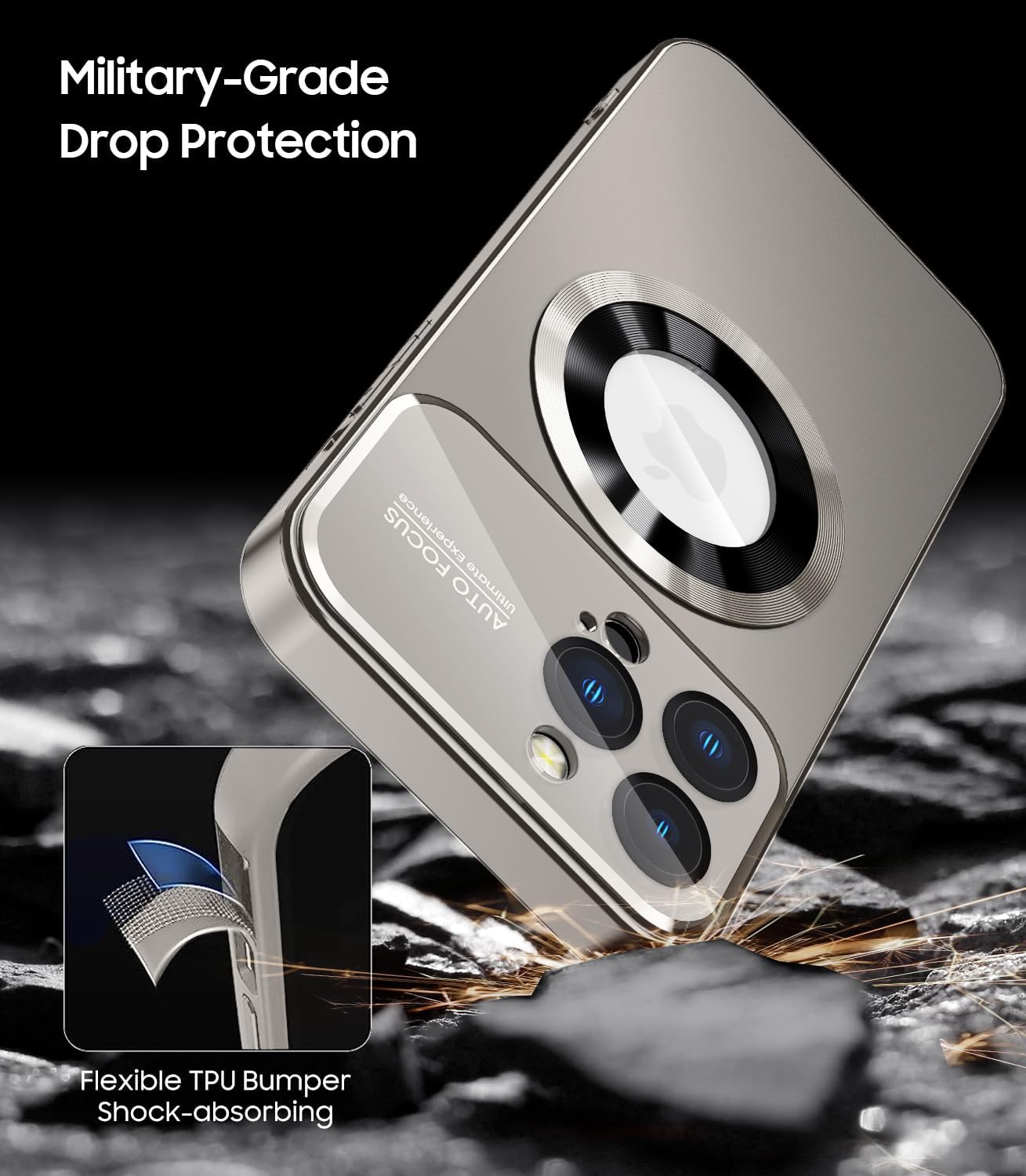 Magnetic for iPhone 13 Pro Case, Built-in Camera Lens Protector, Compatible with MagSafe, Logo View, Military Grade Protective Phone Cover, Titanium Gray