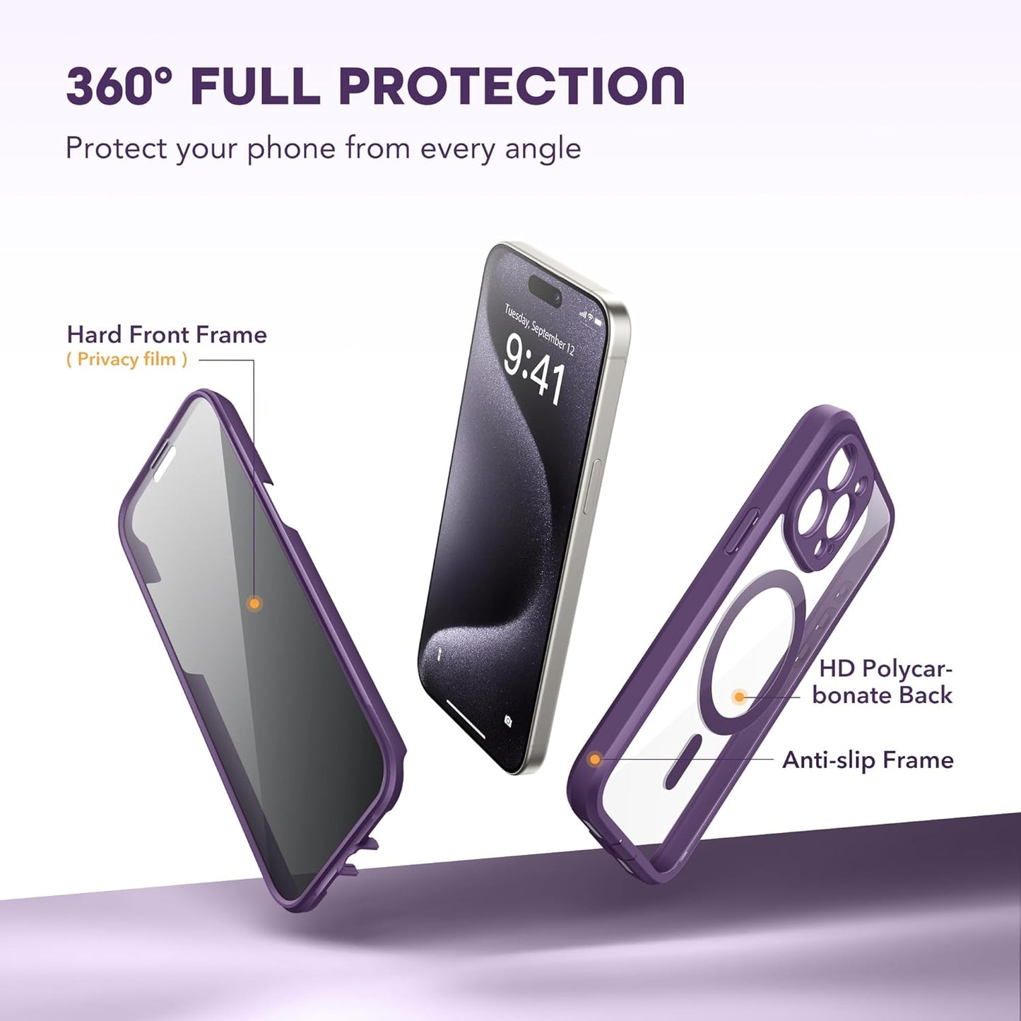 Magnetic for iPhone 15 Pro Max Case, Compatible with MagSafe, Built-in Privacy Screen Protector and Camera Protection, Anti Spy Full Body Dustproof Shockproof Hard Phone Case 6.7", Purple