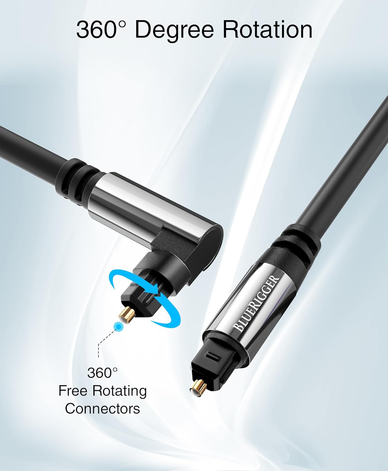BlueRigger Optical Audio Toslink Cable - 35FT (90 Degrees Optical Cable for Soundbar, 360 Degree Rotatable Right Angle, S/PDIF Digital Toslink) - Fiber Optic Compatible with HDTV, Game Console, DVR