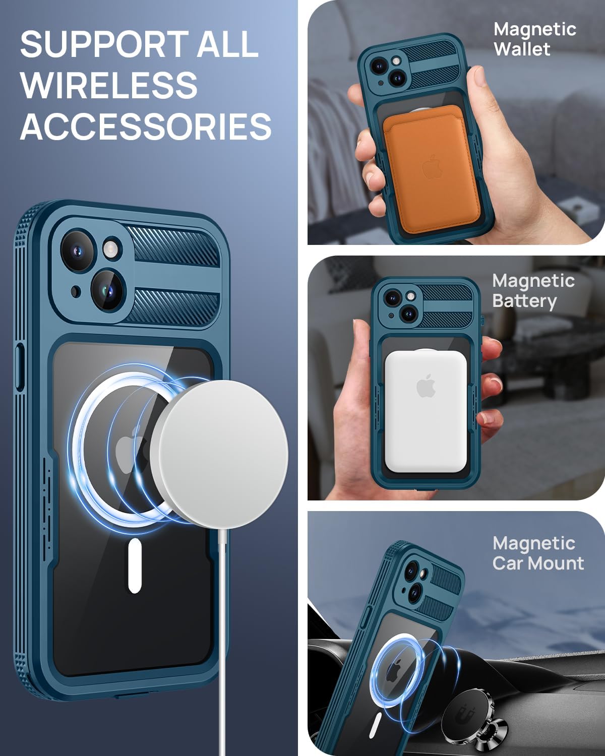 Lanhiem Magnetic for iPhone 15 Case, IP68 Waterproof Dustproof Case, [Compatible with Magsafe] [Built-in Screen Protector] Full Body Heavy Duty Rugged Phone Cover 6.1 inch, Blue/Clear