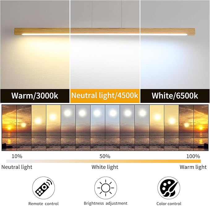 Wooden Linear Pendant Light, 39" Modern Chandeliers for Dining Room, Dimmable Pool Table Island Lights for Kitchen, LED Ceiling Pendant Lamp for Dining Room Billiard Room, Natural Ash