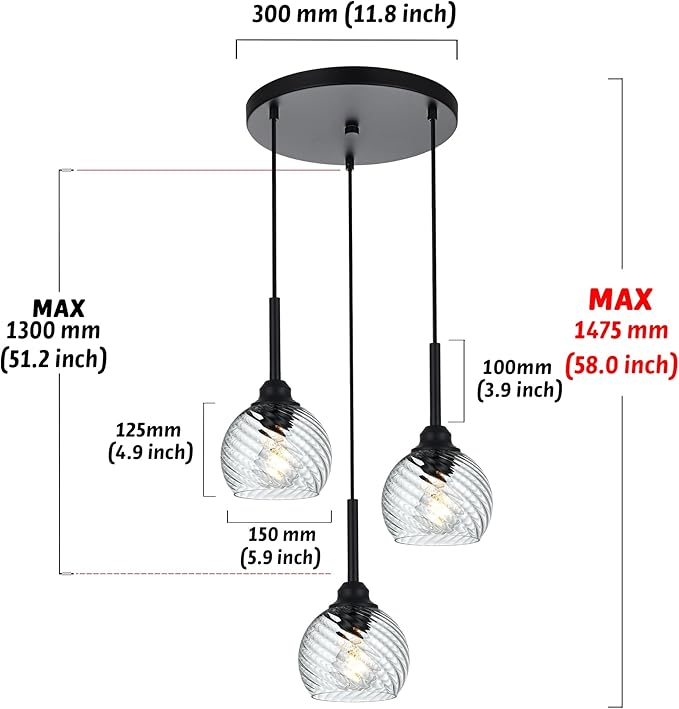 3 Light Black Cluster Pendant Light with Striped Swirl Globe Glass Pendant Lighting for Kitchen Island, Modern Dining Room Light Fixtures Over Table Hanging Ceiling Light, E26 Base