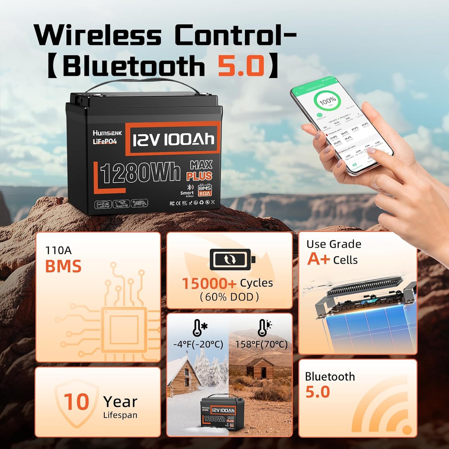 2 PCS 12V 100Ah LiFePO4 Lithium Battery MAX PLUS, Built-in 110A BMS & Bluetooth 5.0, 15000+ Deep Cycles Lithium Batteries, Max. 1280Wh, 10-Year Lifespan for RV, Marine