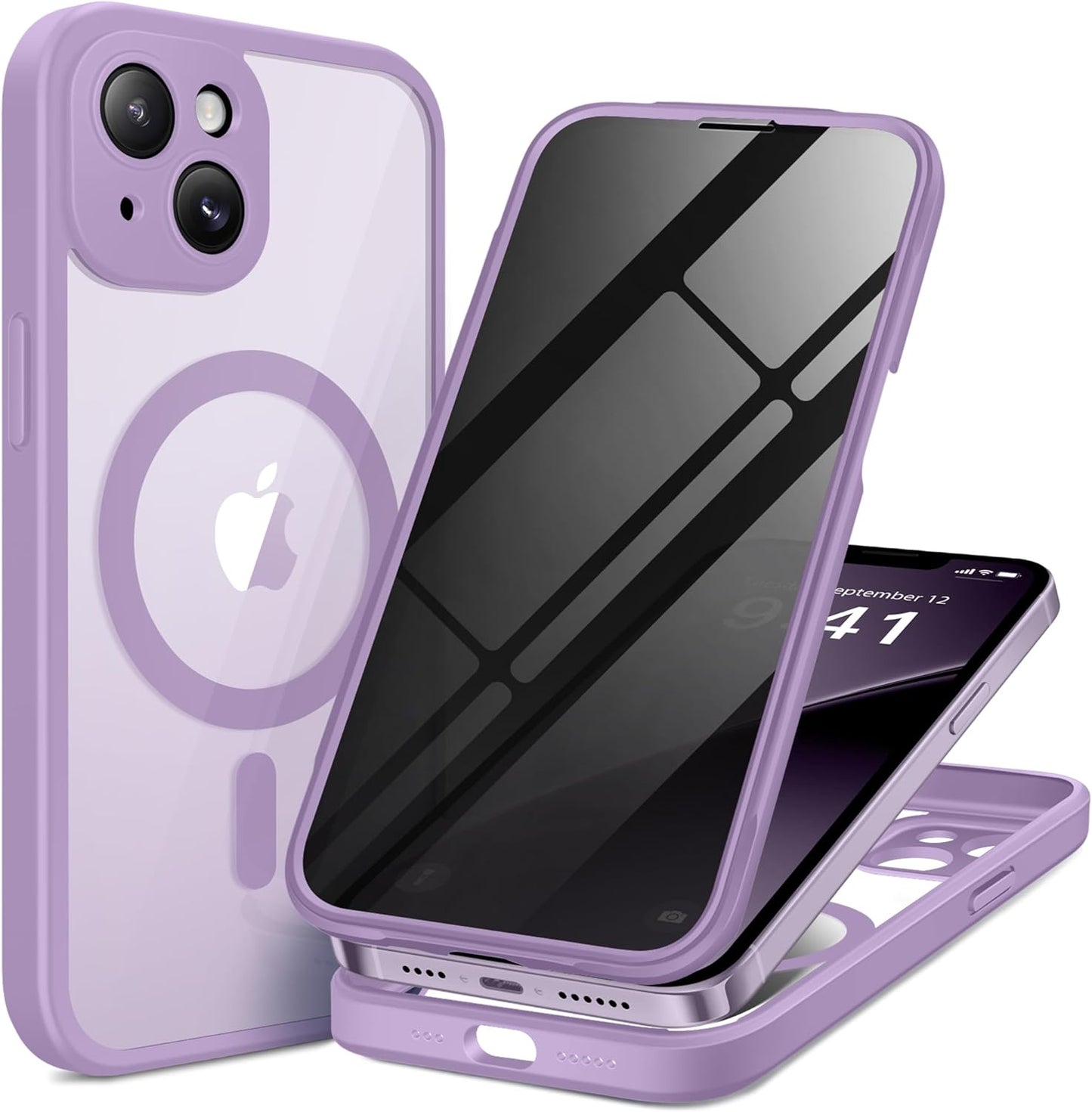 BERFY Magnetic for iPhone 14 Case, Compatible with MagSafe, Built-in Privacy Screen Protector and Upgraded Camera Protection, Anti-Spy Full Body Shockproof Phone Case for 14 6.1", Light Purple