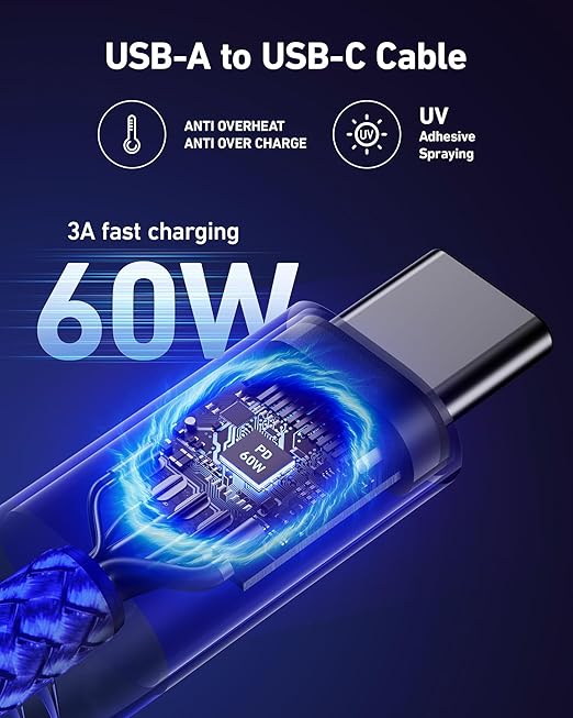 USB to USB C Cable 60W Fast Charging [2 Pack 10FT], USB A to USB C Cable, Durable Braided USB Type C iPhone Charger USBC Cord for iPhone 17/16/15/Pro Max/Plus, Samsung Galaxy S23 and More-Blue