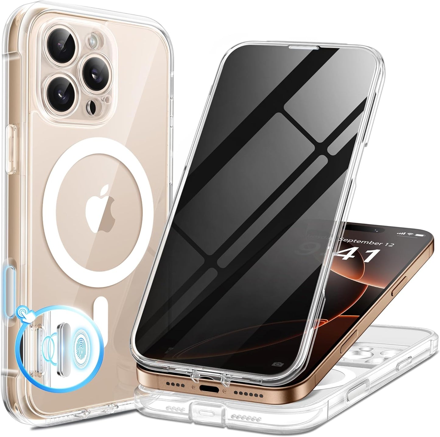 BERFY Magnetic for iPhone 16 Pro Max Case, Compatible with MagSafe, Built-in Privacy Screen Protector and Upgraded Camera Protection, Anti-Spy Full Body Shockproof Phone Case for 16 Pro Max 6.9",Clear