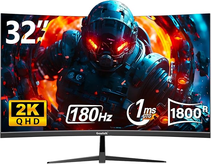Gawfolk 32 Inch Curved Gaming Monitor, 180Hz 1500R QHD (2560x1440) 2K Computer Monitor with FreeSync, DisplayPort, HDMI, Wall Mountable, Eye Care for Home Office & Gaming
