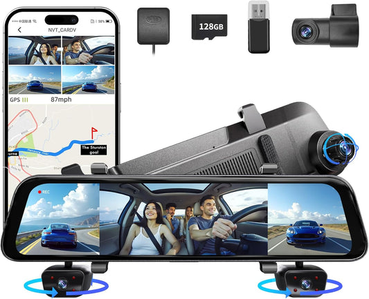 2025 Rear View Mirror Camera,4 Channel Mirror Dash cam Front and Rear 24/7 Recording,12" Touch Screen Dash Camera for car Trucks,Built-in WiFi,GPS,IR Night Vision,Free 128GB SD Card