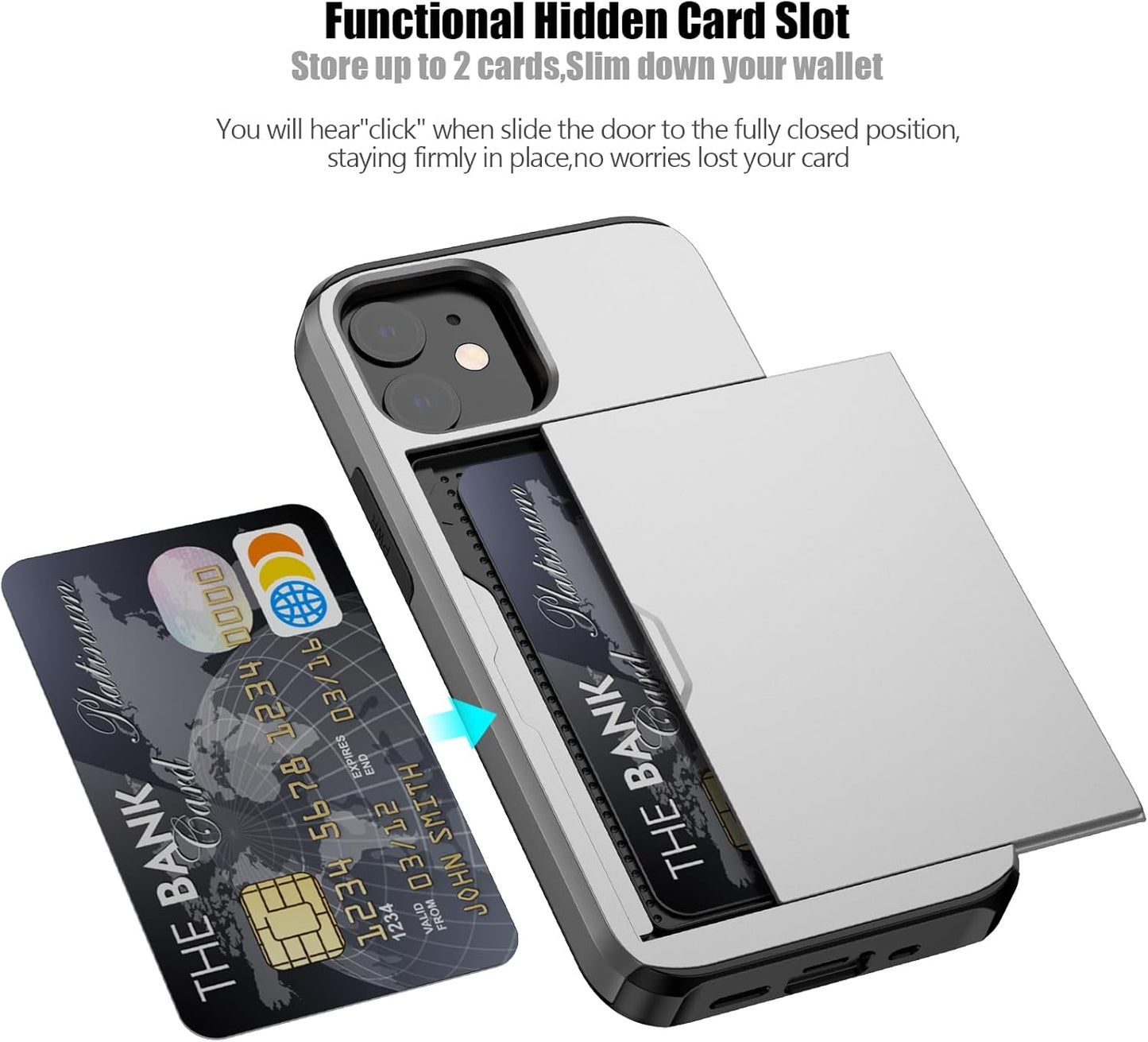 Nvollnoe for iPhone 12 Mini Case with Card Holder Heavy Duty Protective Dual Layer Shockproof Hidden Card Slot Slim Wallet Case for iPhone 12 Mini for Men&Women(Silver)
