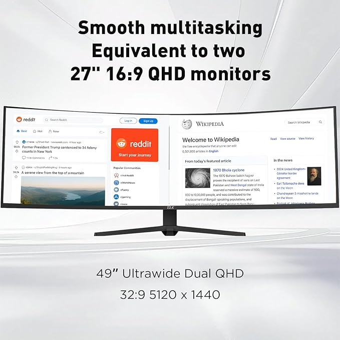 ZZA 49 Inch Ultrawide Curved Gaming Monitor, 120Hz, DQHD 5120x1440P, 1500R, Ultra-Wide 32:9 Screen, 1ms MPRT, HDR, FreeSync G-Sync Compatible, VESA Compatible, Height/Tilt Adjustable