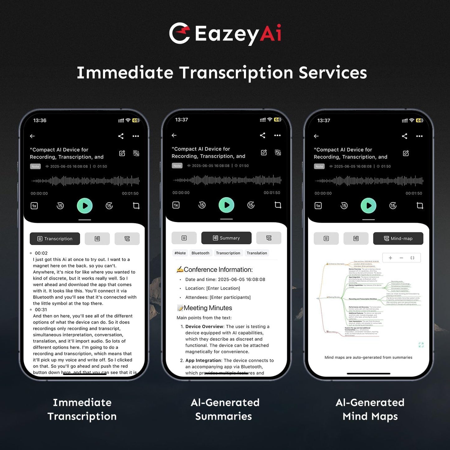 AI Voice Recorder, Transcribe & Summarize with AI Technology, Note Voice Recorder with App Control, Support 140 Languages, 64GB Memory, Audio Recorder for Lectures, Meetings, Calls(Blue)