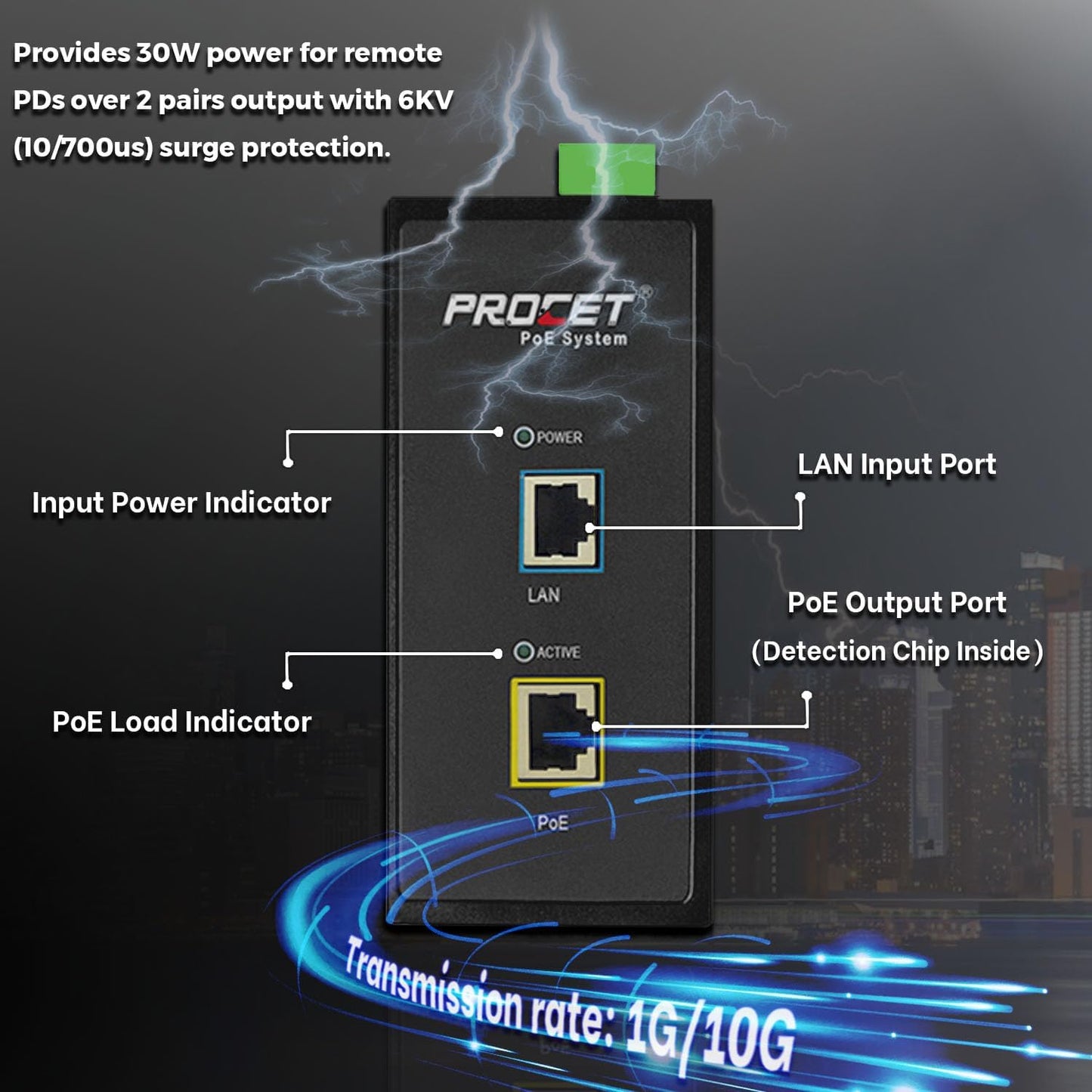 PROCET 10 Gbps PoE+ Gigabit Injector Din Rail, 30W Industrial Boost PoE Adapter with Wide Temp -40°F to 149°F, 6KV Surge Protection, 12-48V DC Input, IEEE802.3af/802.3at, PT-PSE105G-E-10