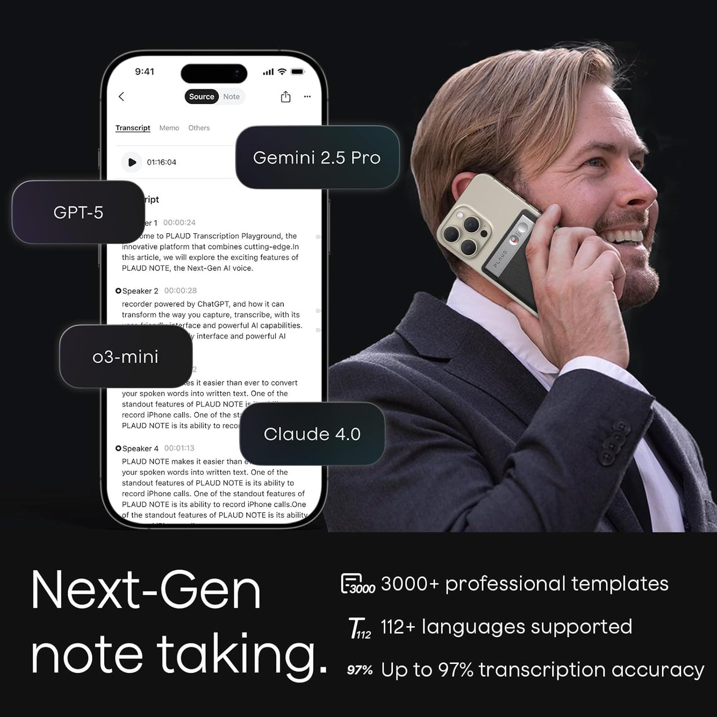 Plaud Note AI Voice Recorder, Voice Recorder w/Case, App Control, Transcribe & Summarize with AI Technology, Support 112 Languages, 64GB Memory, Audio Recorder for Lectures, Meetings, Calls, Silver