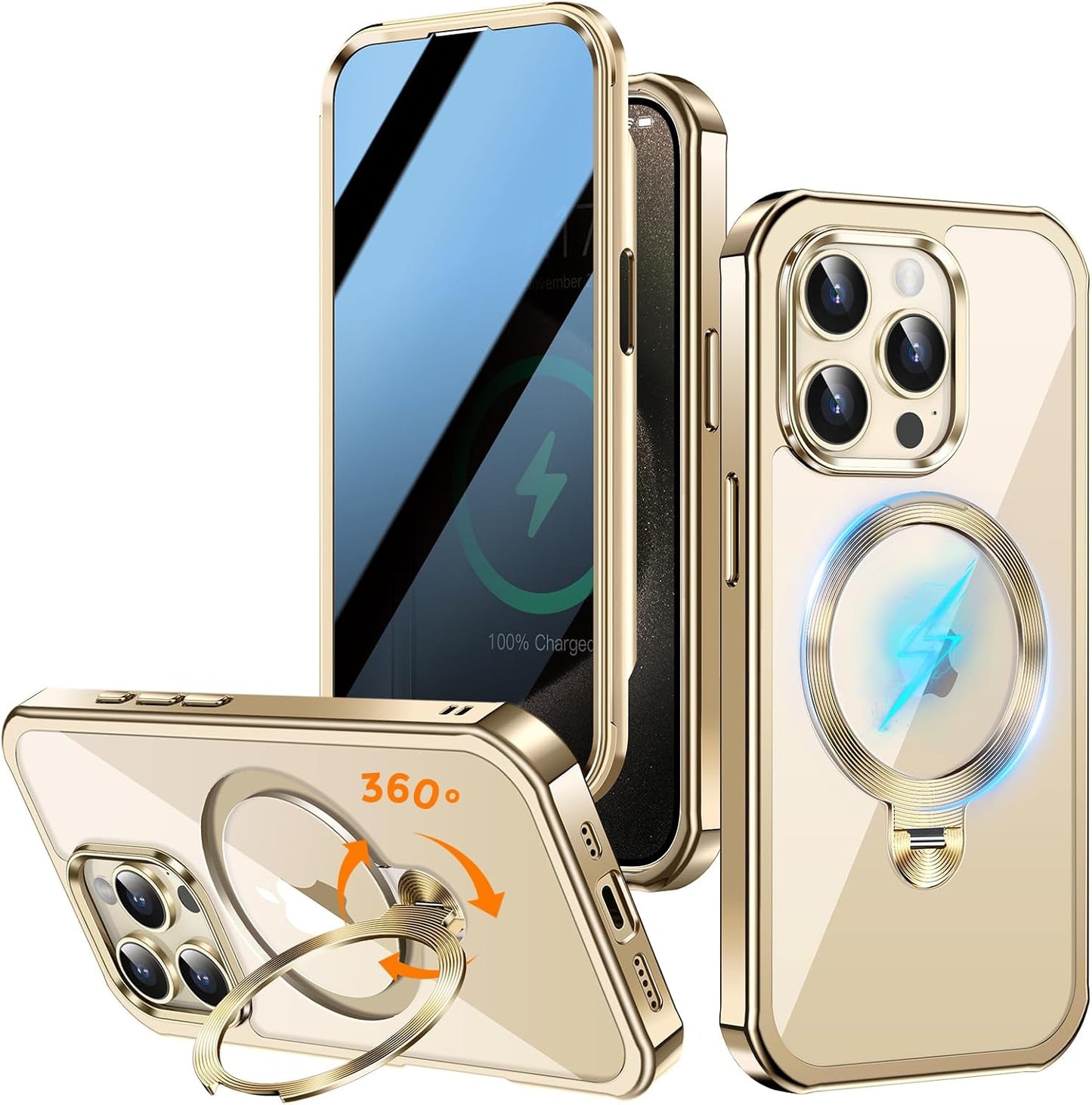 [360° Rotatable CD Stand & Built-in Privacy Screen Magnetic Case for iPhone 15 Pro [Compatible with MagSafe & Full Signal] Mil-Grade Shockproof Full Body Anti-Spy Cover for 15 Pro-Gold