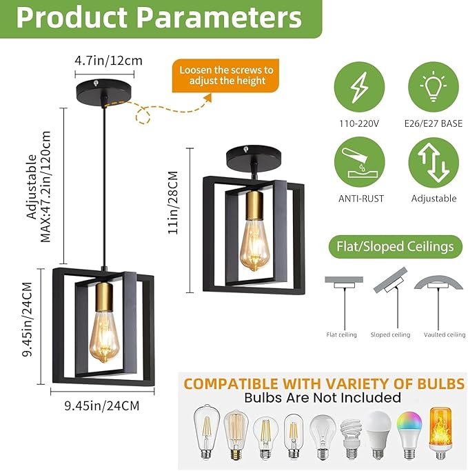 2 Pack Black Industrial Farmhouse Pendant Light, Vintage Metal Rustic Hanging Lights, Adjustable Height Kitchen Island Pendant Lights Fixture, Mini Ceiling Lamp for Entryway, Dining Room, Foyer