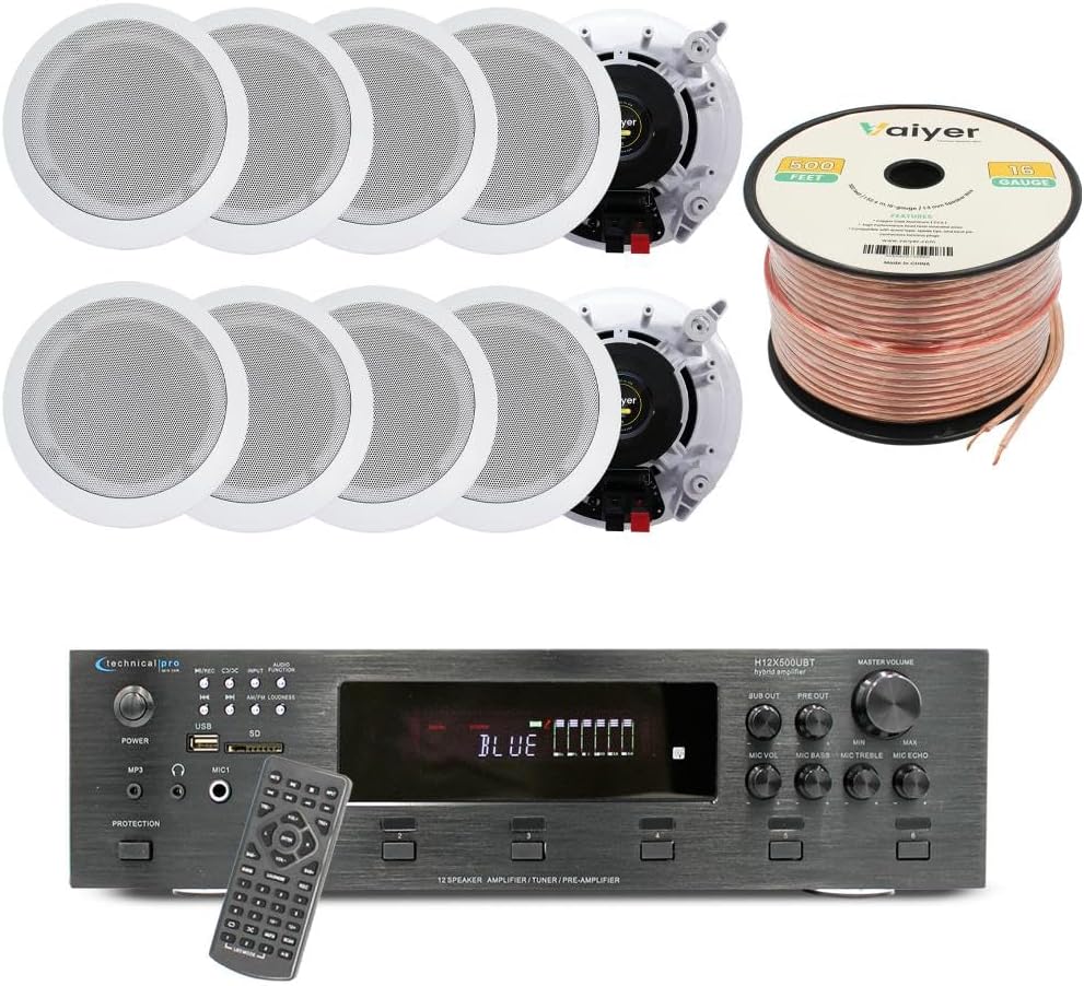 Vaiyer Home Audio System Kit, 6-Channel 6000 Watts Bluetooth Amplifier with 5.25" 10 QTY of 175 W Each in-Wall in-Ceiling Speakers & 16AWG 500 ft. Speaker Wire - Perfect for Home, Office, Restaurants