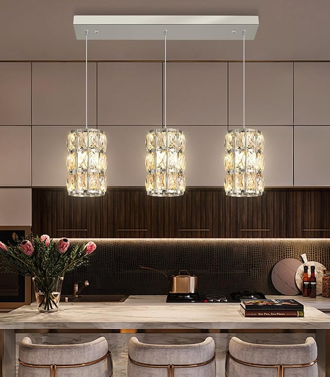 3-Lights Rectangle Modern Crystal Pendant Lights for Kitchen Island LED Dimmable Glam Pendant Lighting Chandelier for Dining Room Hallway Corner Lamp Nickel