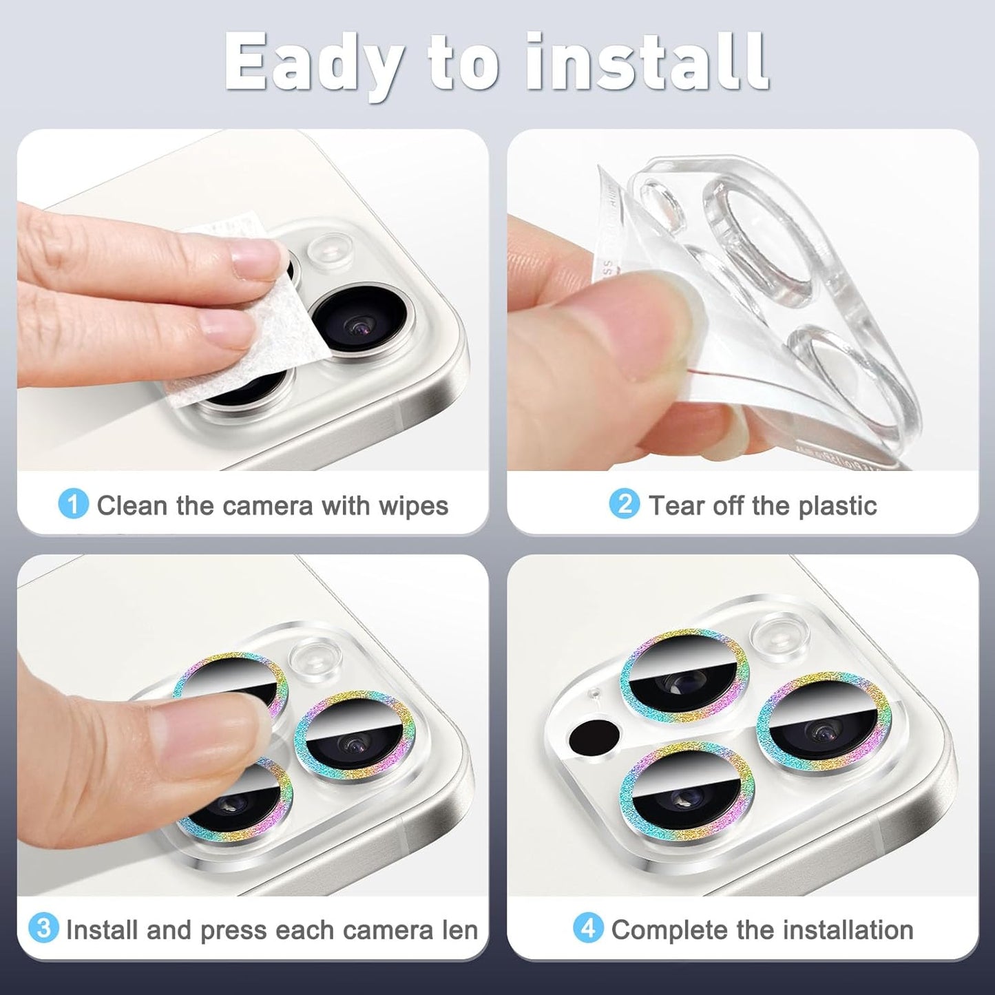 LucBuy 3PCS Sparkling Camera Lens Protector for iPhone 11 Pro/iPhone 11 Pro Max, Full Clear Acrylic Cover with Shiny Colorful Glitter Designed Decoration Back Camera Protector